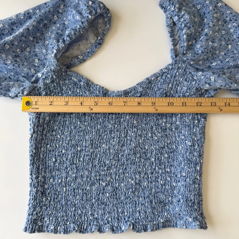 Abercrombie & Fitch Linen Blend Floral Top Blue‎ Puff Sleeve Prairie Cottagecore